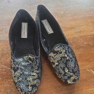 Black Flats with Gold Floral Embroidery